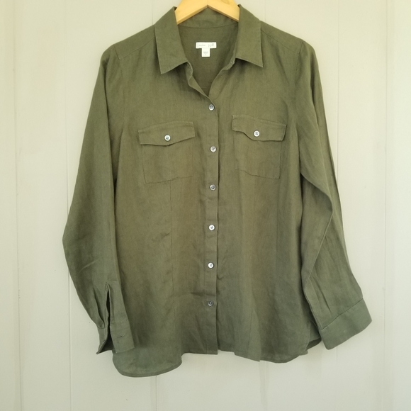J. Jill green linen button up top small - Picture 2 of 7